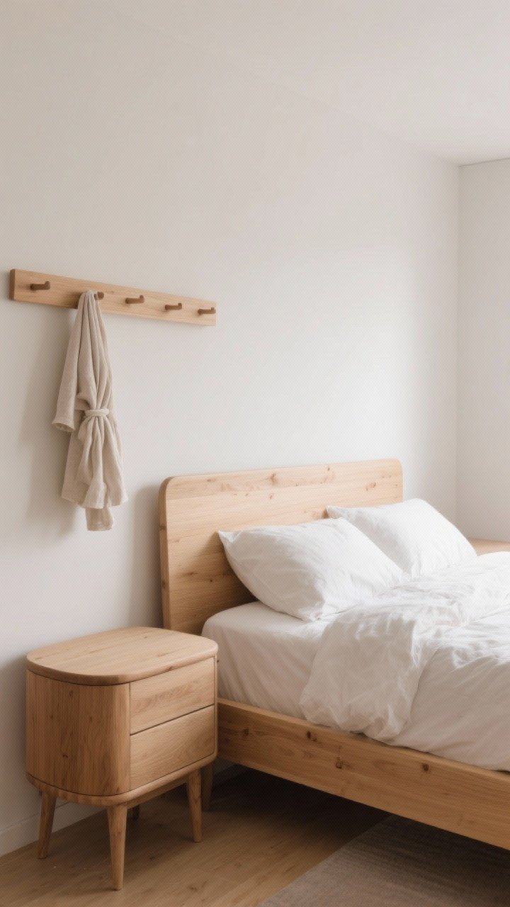 Medium shot: Light, warm wood accents in a Scandi bedroom—clean-lined bed frame in light oak, rounded-edge nightstands in ash, and a slim matte-finish birch wall shelf above; matte/oiled wood surfaces, no shine; neutral walls and airy styling with a peg rail holding a single linen robe; soft, diffuse daylight, photorealistic.