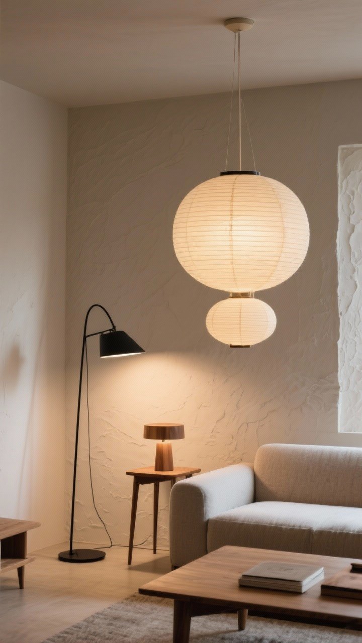 Medium shot: Lighting trio layered in a Japandi living room—ambient rice paper pendant emitting warm diffused glow (2700–3000K), a slim black metal floor lamp beside the sofa for task lighting, and a small wooden table lamp accenting a textured wall. Neutral backdrop with subtle shadows, lighting treated as sculptural elements. Perspective: eye-level, slight angle to show all three light sources working together.
