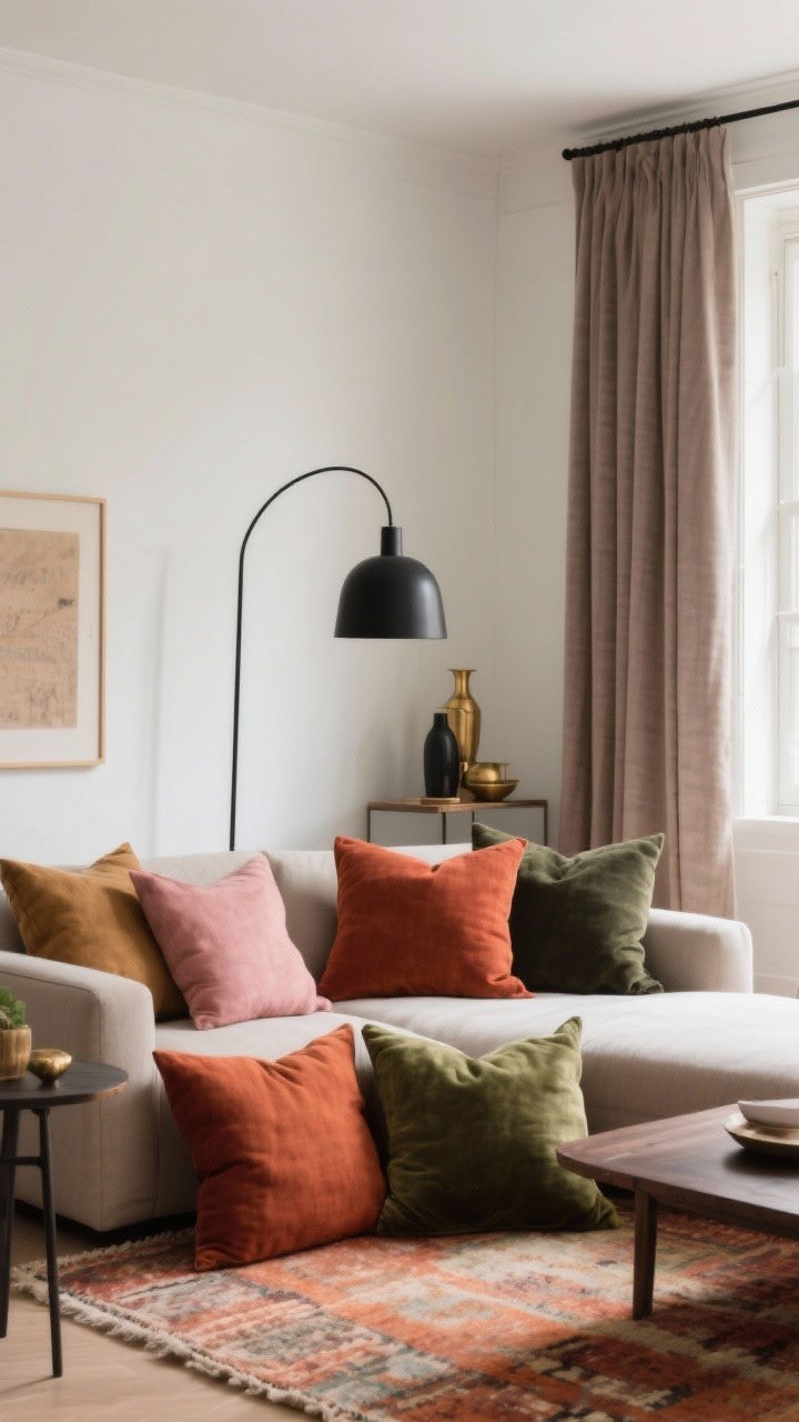 Medium shot: living room vignette with warm neutral palette—walls in warm white/greige/pale taupe, textiles in rust, terracotta, camel, and deep olive; muted accents like dusty rose and moss in pillows; matte black and aged brass decor for contrast; soft natural light enhancing the cozy, warm vibe; include a rug, pillows, and curtains reflecting the palette.