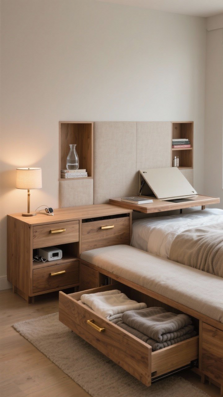 Medium shot — Multifunctional bedroom furniture vignette: a storage bench at the foot of the bed open to reveal folded blankets, a nightstand with drawers hiding chargers and skincare, a headboard with built-in niche shelves holding a water carafe and books, and a compact lift-top desk closed, reading as a sleek vanity. Soft neutral palette, oak and linen textures, brushed brass pulls, evening lamp glow for a calm, practical mood. Three-quarter angle capturing all “secret superpowers.”