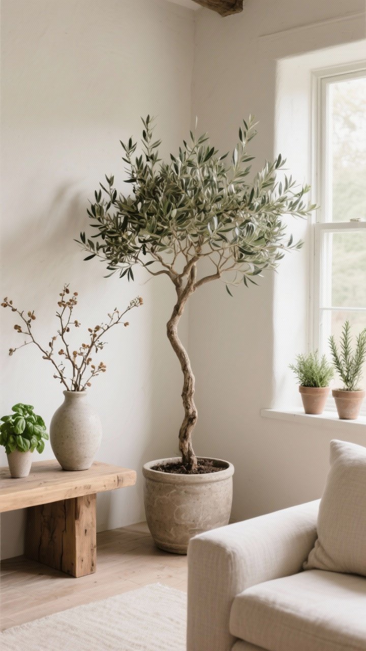 Medium shot: Nature invited in with restraint—a living space corner featuring one sculptural olive tree in a stoneware planter, a single vase of seasonal branches on a wooden console, and a windowsill trio of herbs (basil, rosemary, thyme) in simple pots; uncluttered composition, soft natural light, calm farmhouse vibe, no jungle effect.