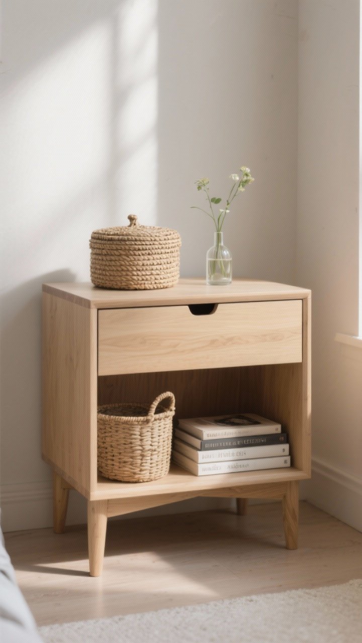 Medium shot: nightstand with a single drawer and an open lower shelf, visual balance between closed and display storage; on the shelf, a lidded woven basket beside a small stack of hardcover books topped with a petite bud vase; clean lines, light wood, soft diffused daylight, shot at a slight angle to show both drawer face and open shelf, photorealistic.
