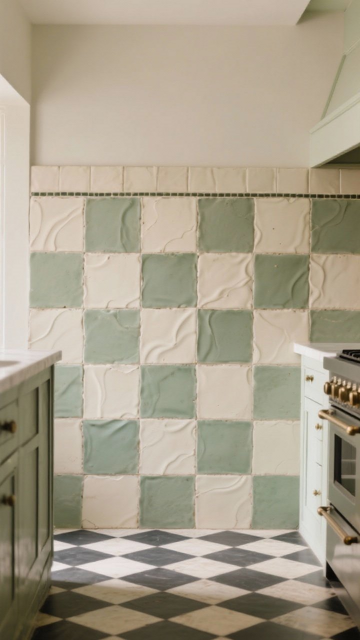 Medium shot of a backsplash and floor combo evoking classic nostalgia: checkerboard floor in sage and cream with dark grout, 4x4 cream square tile backsplash stacked in a simple grid, handmade ceramic tiles with a slightly wavy surface texture, limited color story (two to three colors), soft ambient kitchen light accentuating tile edges and grout lines, photorealistic.