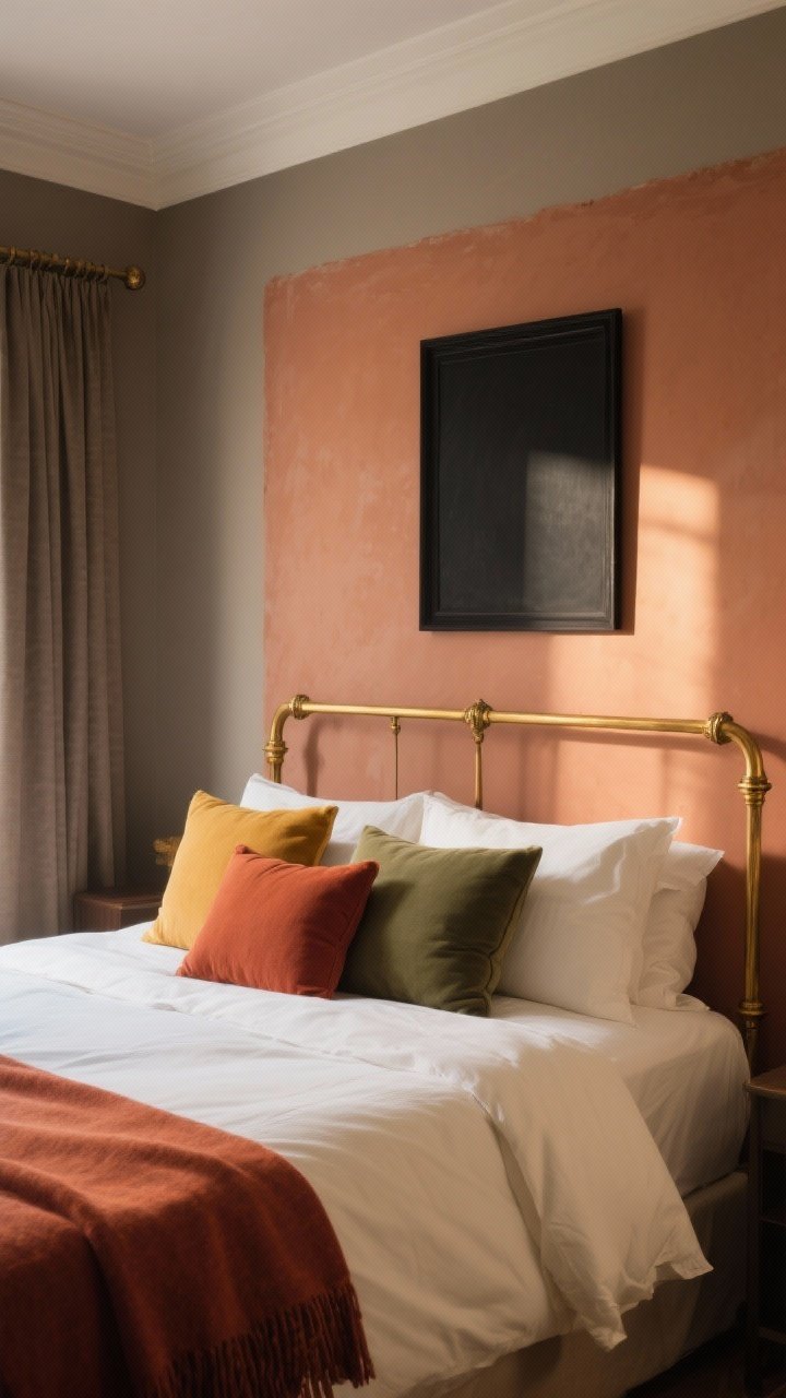 Medium shot of a bedroom vignette showcasing a warm, earthy color palette: walls in soft taupe, bed in warm white and cream bedding, accents in terracotta, rust, olive, and muted mustard via pillows and a throw; a single accent wall painted soft clay behind the bed; antique brass curtain rod and matte black framed artwork to ground the palette; golden late-afternoon light filtering in, balanced composition from a slight corner angle.