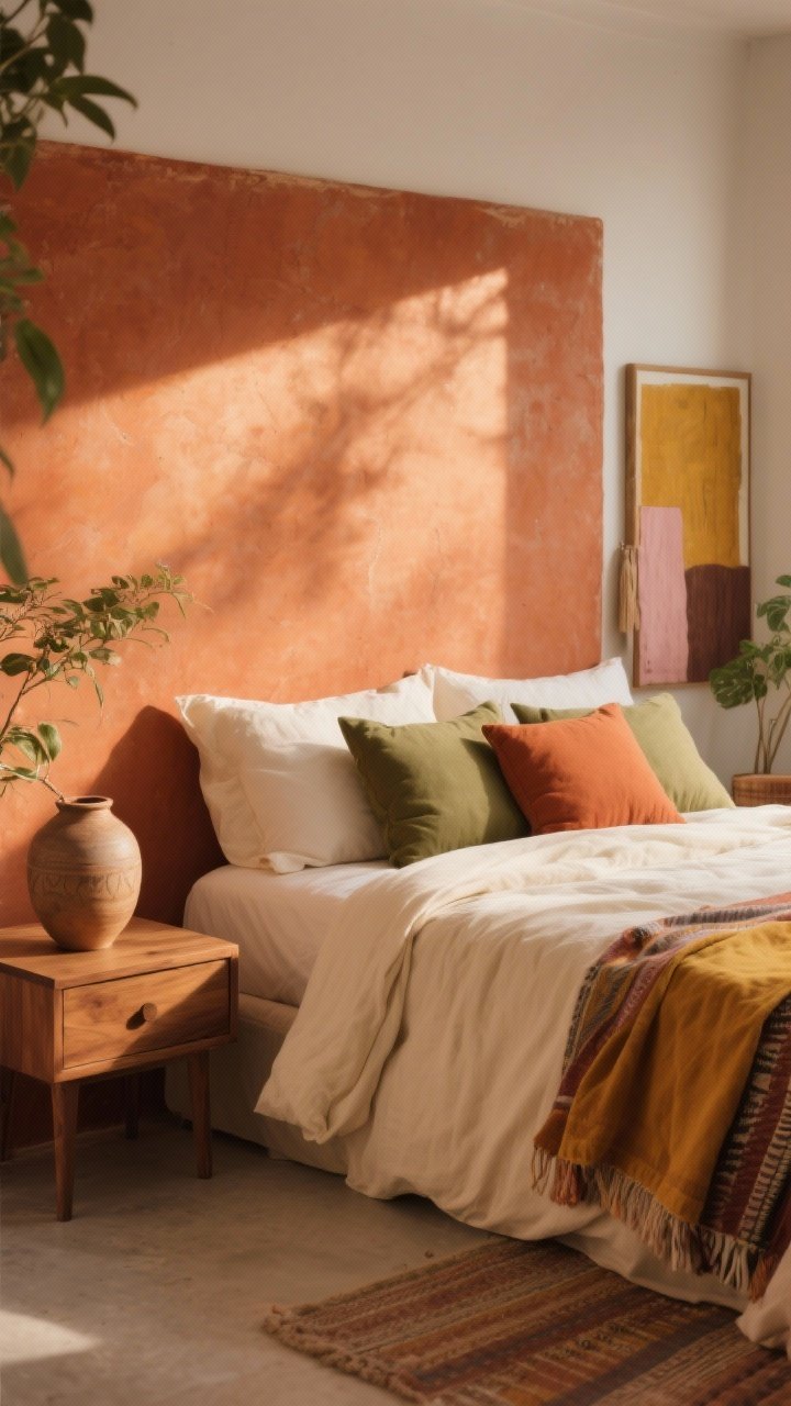 Medium shot of a boho bed vignette with a warm, sun-kissed palette: terracotta accent wall behind the bed, bedding in cream linen with olive and terracotta pillows; walnut nightstand with a ceramic vase; secondary scene variant nearby textiles and art echoing mustard, blush, and walnut hues; soft late-afternoon glow, warm undertones throughout; plants optional; photorealistic.