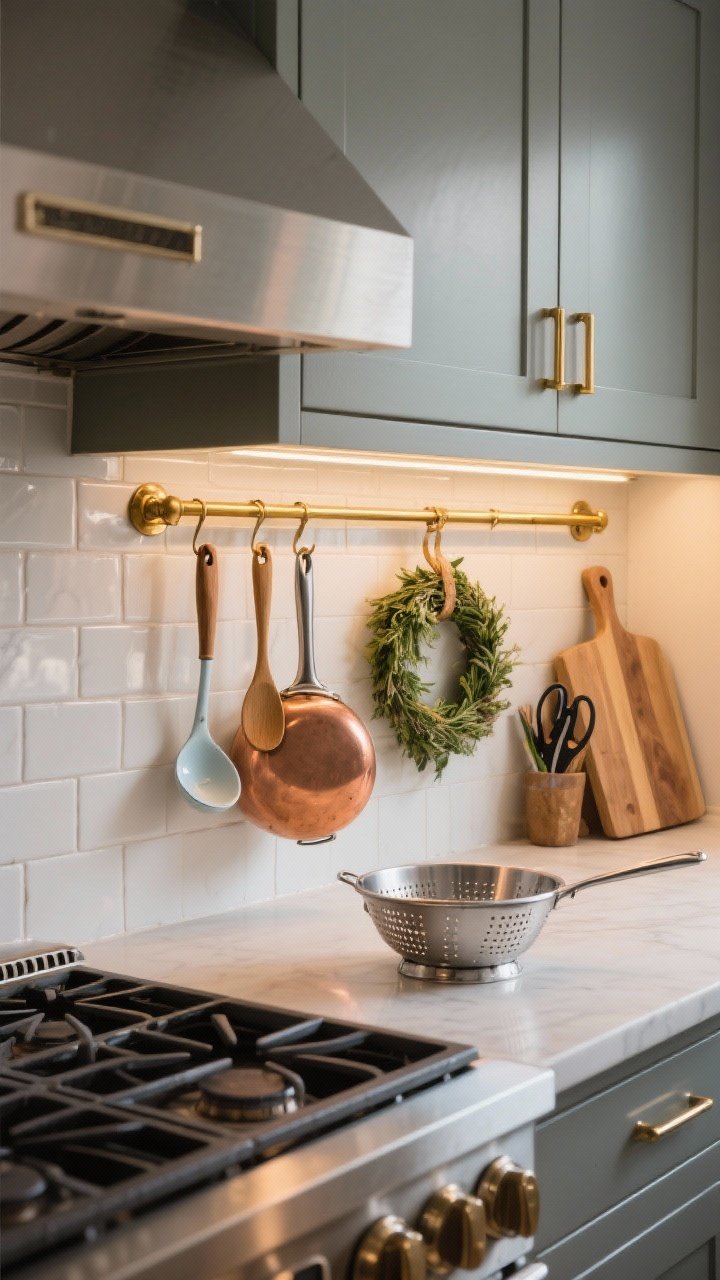 Medium shot of a brass pot rail installed along a tiled backsplash: copper pans, an enamel ladle, wooden spoons, a metal colander, cutting boards, kitchen scissors, and a small herb wreath arranged in functional zones near the range; unlacquered brass aging gracefully; warm task lighting from under-cabinet strips; slight side angle to show organization.