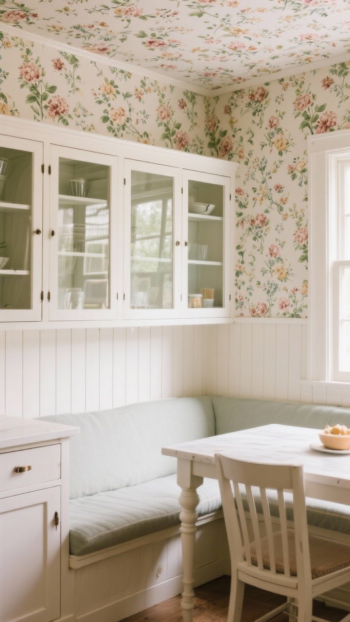 Medium shot of a breakfast nook with floral wallpaper that nods to the past above white beadboard paneling; wallpaper continues on the backs of glass-front cabinets for a charming reveal; small-print pattern also applied to the ceiling for a subtle “wow”; soft morning light; corner angle capturing nook seating and cabinet interiors.
