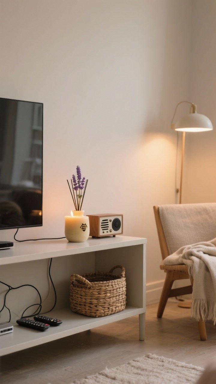Medium shot of a calm living space emphasizing sensory serenity: a beeswax candle gently glowing on a console, a ceramic diffuser emitting lavender and cedar, and a vintage-style speaker playing softly on a shelf; cords tucked away, remotes hidden in a woven basket; one corner intentionally screen-free with a small chair and throw; warm ambient lighting, uncluttered and tranquil.
