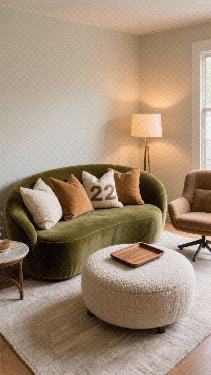 Medium shot of a comfort-first seating vignette: a rounded-edge sofa in performance velvet or bouclé with plush cushions, a slouchy accent or swivel chair nearby, and a soft upholstered ottoman used as a coffee table with a wooden tray on top; pillows mixed in sizes (20”, 22”, lumbar) in 2–3 cohesive colors (cream, camel, olive); warm, ambient lamp lighting.