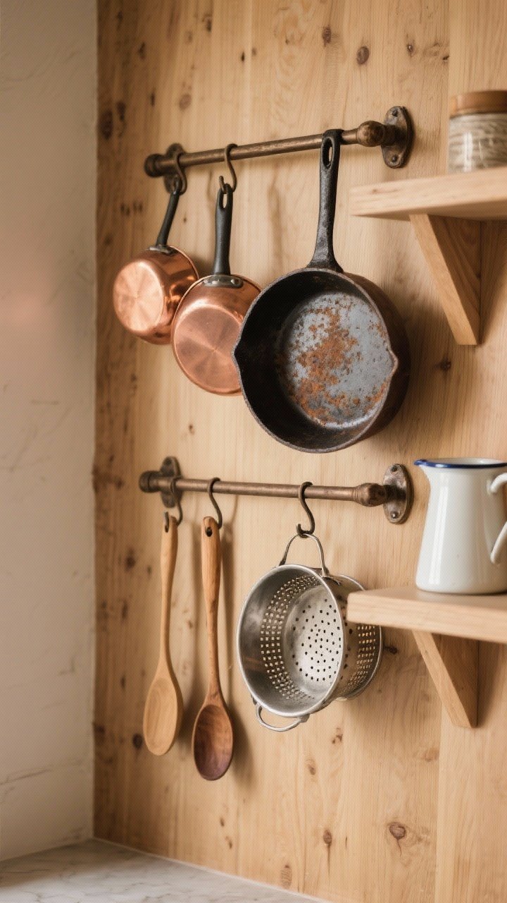 Medium shot of a compact cookware display: a small pot rail holding a few copper pans and a seasoned cast iron skillet with visible patina, wall hooks with wooden spoons and a vintage metal colander, plus an enamelware pitcher on a nearby open shelf; carefully spaced for breathing room; warm wood backdrop and soft ambient light; photorealistic