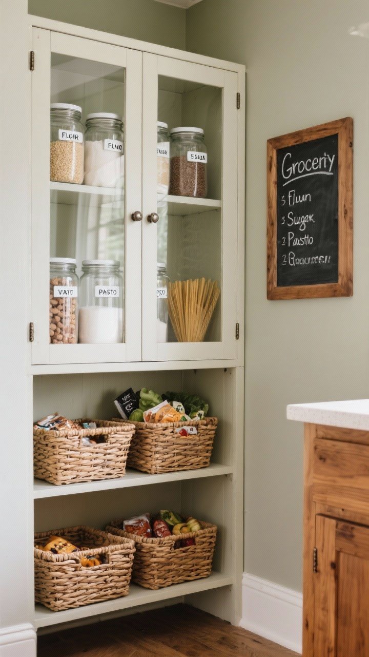 Medium shot of a compact pantry corner: a freestanding glass-door cabinet with clip-top jars labeled for flour, sugar, and pasta; wicker baskets for snacks and produce on lower shelves; a small chalkboard for grocery lists mounted alongside; warm wood tones, muted paint, and tidy organization; photographed straight-on for clarity and order.