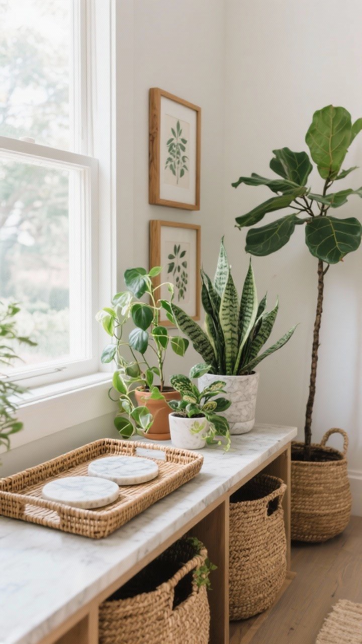 Medium shot of a console or window area showcasing nature elements: a cluster of starter plants (pothos trailing, ZZ plant, snake plant) at different heights, a rattan tray holding travertine or marble coasters, oak picture frames with botanical art, and jute baskets below for storage; a tall floor plant softens a sharp corner; bright, diffused natural light.