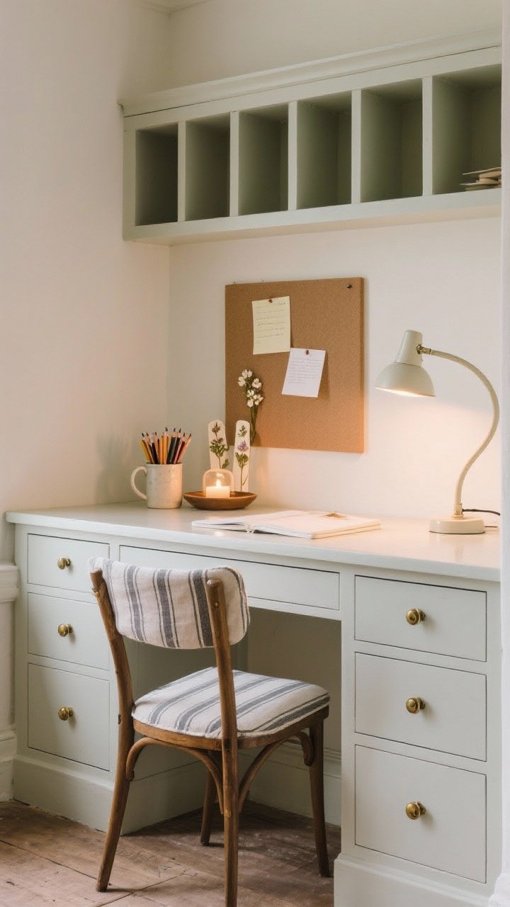 Medium shot of a country desk niche: slim painted secretary desk with cubbies and brass knobs, bistro chair with a ticking-stripe cushion, linen pinboard with a few notes, candle warmer glowing, ceramic mug of sharpened pencils, pressed flower bookmarks in a small dish, and a curvy table lamp providing warm task light; quiet, focused coziness.