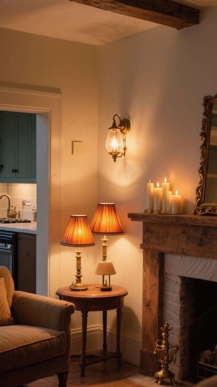Medium shot of a cozy corner lit by layered warm lighting: two table lamps with amber-glass shades at 2700–3000K, a wall sconce on a dimmer casting a soft pool of light, and a cluster of battery candles on a mantel; add a small table lamp on a kitchen counter in the background for a cottage-core glow; aged brass details, warm wood furniture, no overhead glare, evening ambiance.