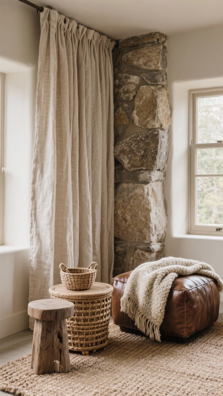 Medium shot of a cozy corner showcasing layered textures: linen curtains draping beside a stone accent, a chunky wool throw over a sleek leather ottoman on a jute rug; rattan side table with a cane basket and untreated wood stool; matte, raw, and nubby finishes with minimal shine; soft warm lighting from a nearby window.