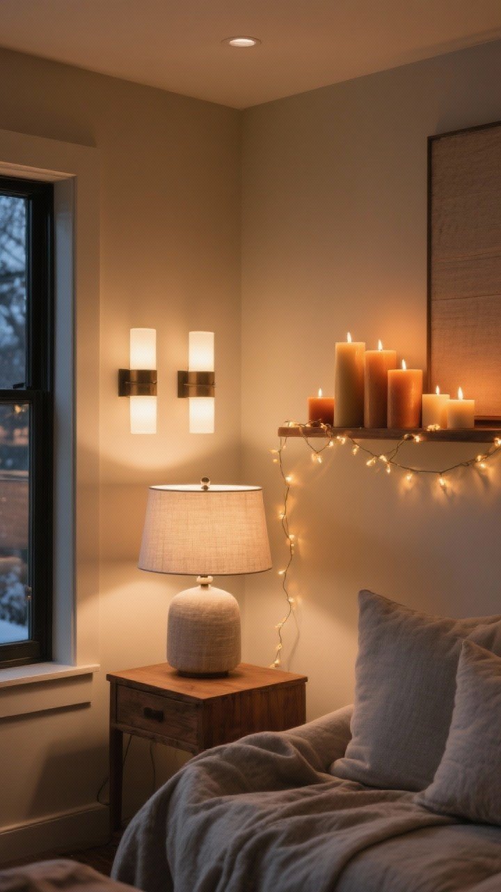 Medium shot of a cozy corner with layered warm, diffuse lighting: linen-shaded table lamp on a wood side table, wall sconces set to warm white (2700K–3000K), a strand of warm string lights draped softly along a shelf, several amber and vanilla-toned candles flickering; no harsh overheads, dimmer-controlled glow, moody winter evening ambiance, soft reflections on neutral walls and greige textiles, photorealistic, no people.