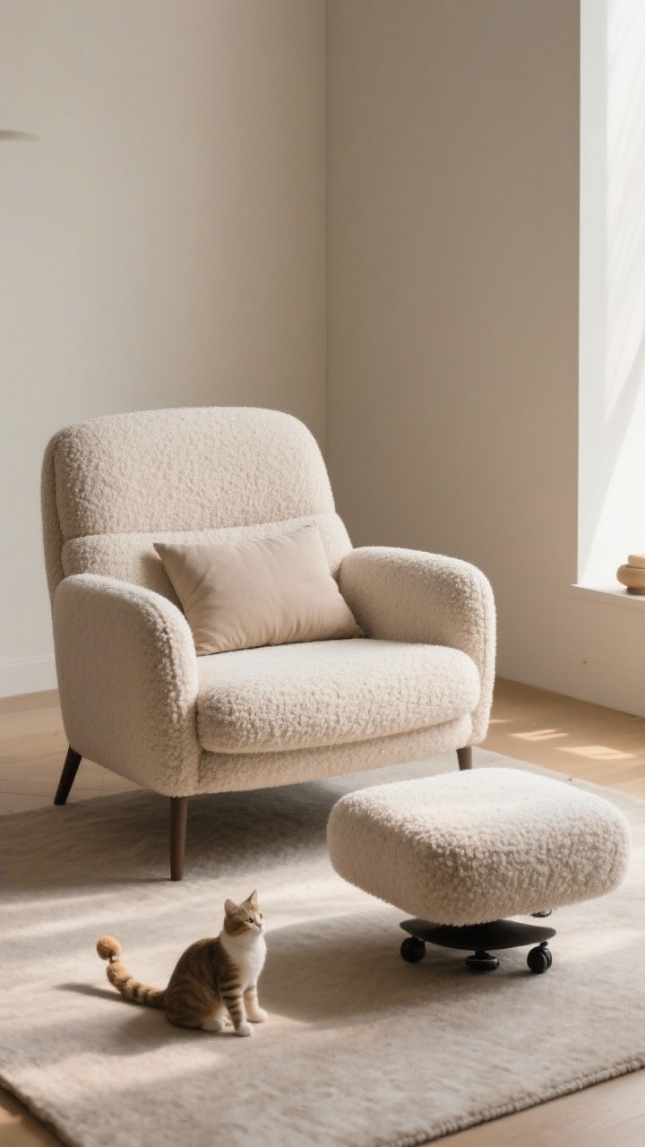 Medium shot of a cozy lounge-ready chair setup: a soft, textured upholstered armchair (seat height around 16–18 inches) with supportive armrests, paired with a small footrest ottoman; optional swivel base visible; a lumbar cushion placed for support; neutral palette with tactile fabric, cat toy on the floor hinting at swivel use; warm daylight from the side, no extra decor focus beyond the seating comfort