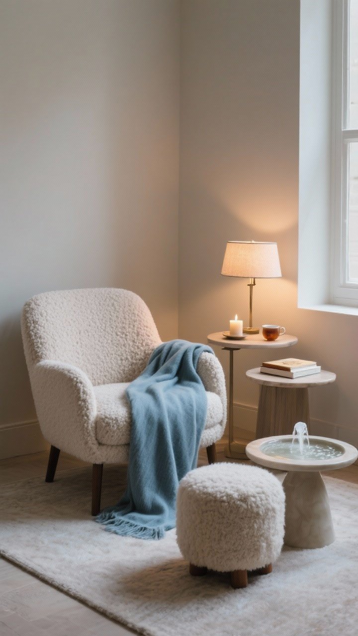 Medium shot of a cozy ritual corner: a boucle lounge chair draped with a glacier blue throw, petite side table holding tea, a candle, and a favorite book, a soft task lamp casting a warm pool of light, and a wool footstool; subtle sound element implied (small fountain on the table); photorealistic, corner angle creating sanctuary vibes.