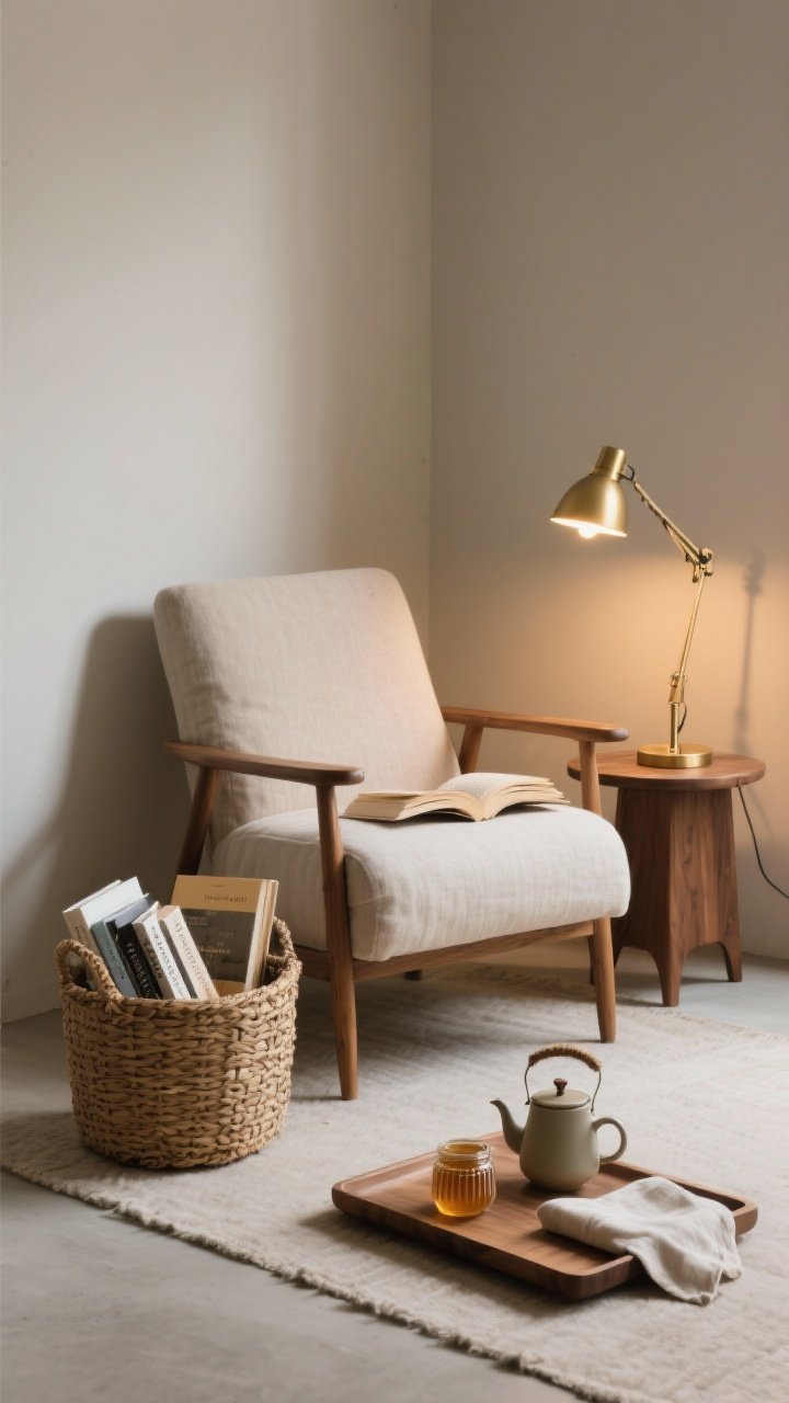 Medium shot of a cozy ritual corner for reading and tea: a comfy linen-upholstered armchair with a small walnut side table, brass task lamp with a warm 2700K bulb, a woven basket on the floor holding current reads, and a wooden tray with kettle, favorite mug, honey jar, and a folded linen napkin; corner perspective with low, gentle lighting and soft shadows, inviting slow living.