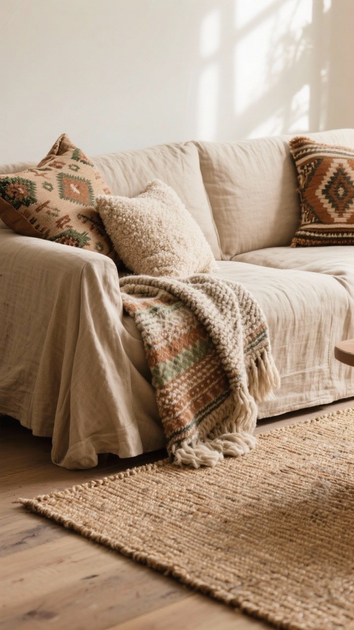 Medium shot of a cozy sofa setup: linen slipcovered sofa in warm oatmeal, layered with a chunky wool/alpaca throw draped casually, pillows mixed in bouclé and a vintage kilim pattern (muted clay and moss accents), and the floor showing a wool flatweave rug layered over a larger jute rug; tight, earthy palette; natural afternoon light for softness, camera at seated eye level