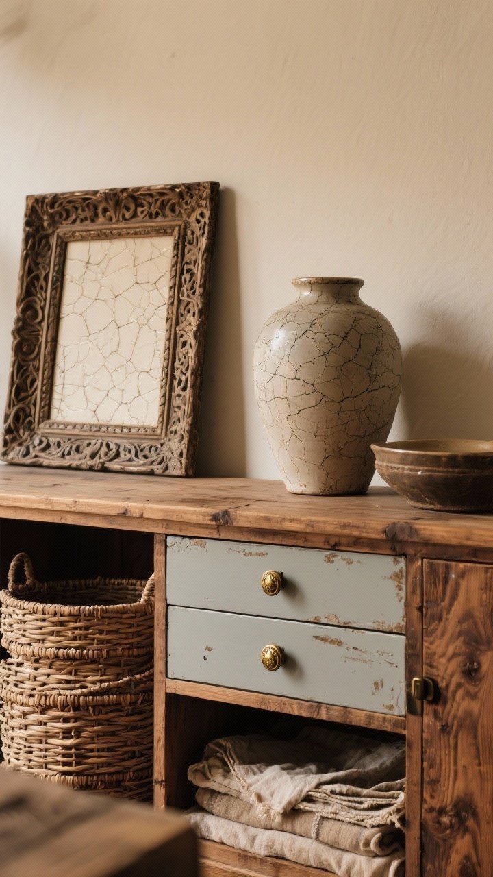 Medium shot of a curated thrifted vignette: a solid wood sideboard with visible grain and patina, carved vintage frame with subtle crazing on a ceramic vase, woven baskets stacked below; a modern drawer updated with antique brass knobs; imperfections like worn handles and faded textiles celebrated; warm ambient light that emphasizes age and character; photorealistic, straight-on view.