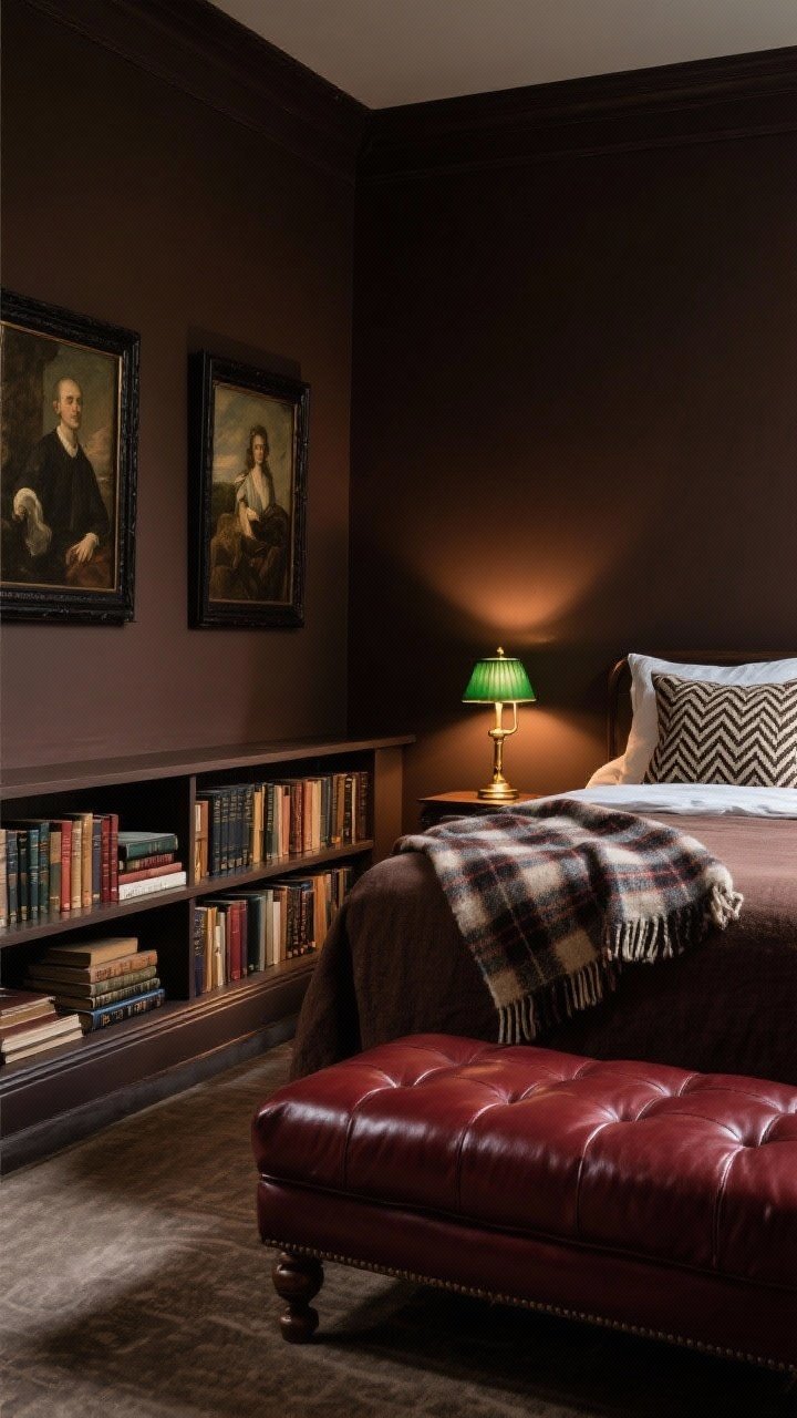 Medium shot of a dark academia retreat: deep brown walls, oxblood leather ottoman at the bed’s foot, book-lined shelves, picture ledges with oil-painting prints in dark frames, plaid wool blanket and herringbone pillows, brass banker lamp with green glass shade glowing warmly; evening lamp light creating a scholarly, moody ambiance; slight angle from the bookshelf corner.