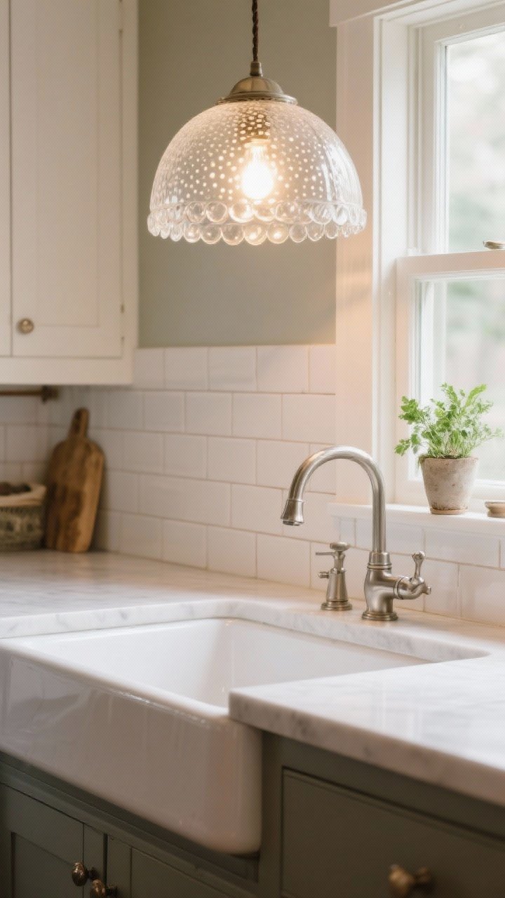 Medium shot of a farmhouse sink area with a seeded glass dome light centered above the apron-front sink; visible tiny bubbles in the glass softening the glow from a warm white LED bulb (2700–3000K) for zero glare; white tile backsplash, brushed nickel faucet, and a small potted herb on the windowsill; side angle to catch the softened light gradient across the countertop; cozy, collected-over-time feel.