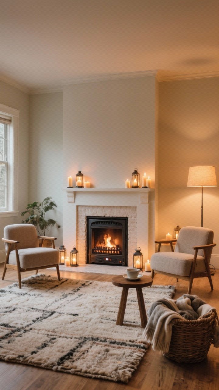 Medium shot of a faux hearth focal point in a fireplace-less room: an electric stove-style heater centered on a wall, clustered candles and lanterns around it, a wool rug anchoring two cozy chairs facing each other, a side table with a teacup, and a basket filled with blankets; intimate, warm lighting that invites gathering.