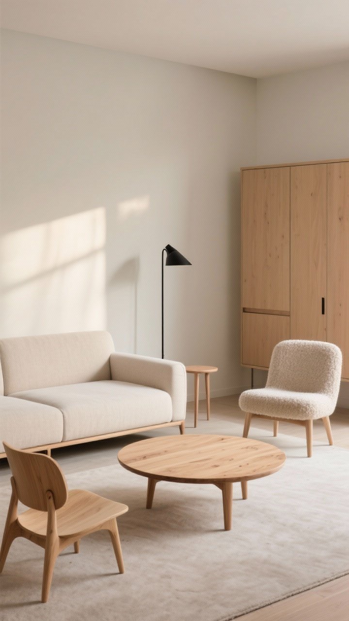 Medium shot of a furniture vignette with simple lines and soul: a low-profile light fabric sofa on tapered wood legs with a petite chaise extension; a round oak coffee table with subtle grain; one wishbone chair in light wood and a small bouclé lounge chair; mixed finishes with matte black accents on a slim floor lamp and a minimal side table; closed storage unit with clean, handleless fronts; warm daylight, airy spacing.