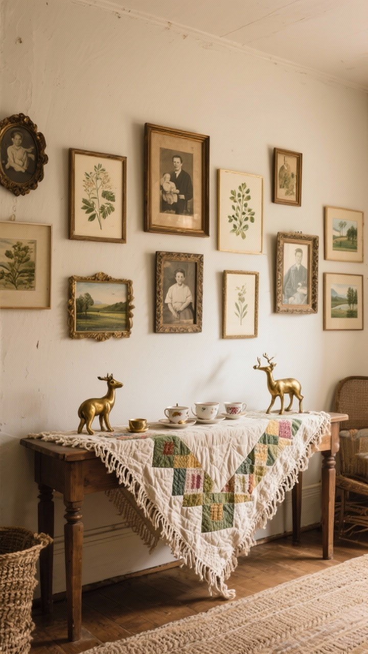 Medium shot of a gallery wall and console showcasing handmade and heirloom touches: a quilt draped over a crochet runner, mismatched frames with family photos interspersed with botanical prints and small landscapes hung salon-style, a small collection of vintage brass animals and teacups displayed intentionally; warm ambient light, slightly imperfect, lived-in feel.