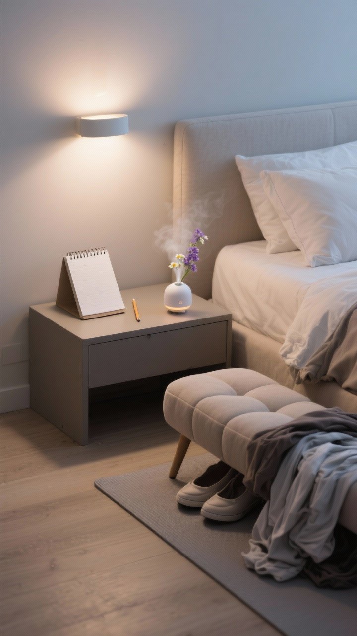 Medium shot of a gentle night routine zone beside the bed: a small upholstered bench or pouf for taking off shoes (no laundry pile), a minimalist diffuser emitting a faint mist with lavender/chamomile/cedar, a slim notepad and pencil on a small side surface for brain-dump, and a thin stretch mat partially tucked under the bed; lights set low on dimmers; calm, uncluttered vibe; straight-on perspective, photorealistic.