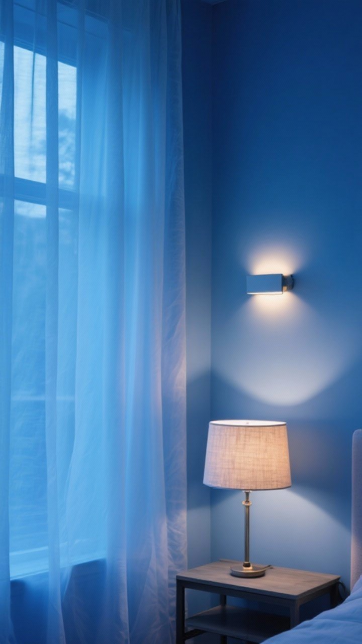 Medium shot of a glacier blue wall softly lit by layered lighting: sheer linen curtains diffusing daylight, a table lamp with a fabric shade casting a warm 2700–3000K glow, and a rimless wall sconce adding a subtle halo; avoid overhead glare; photorealistic, evening ambiance that keeps the blue from feeling icy, focused on the interplay of soft light sources.