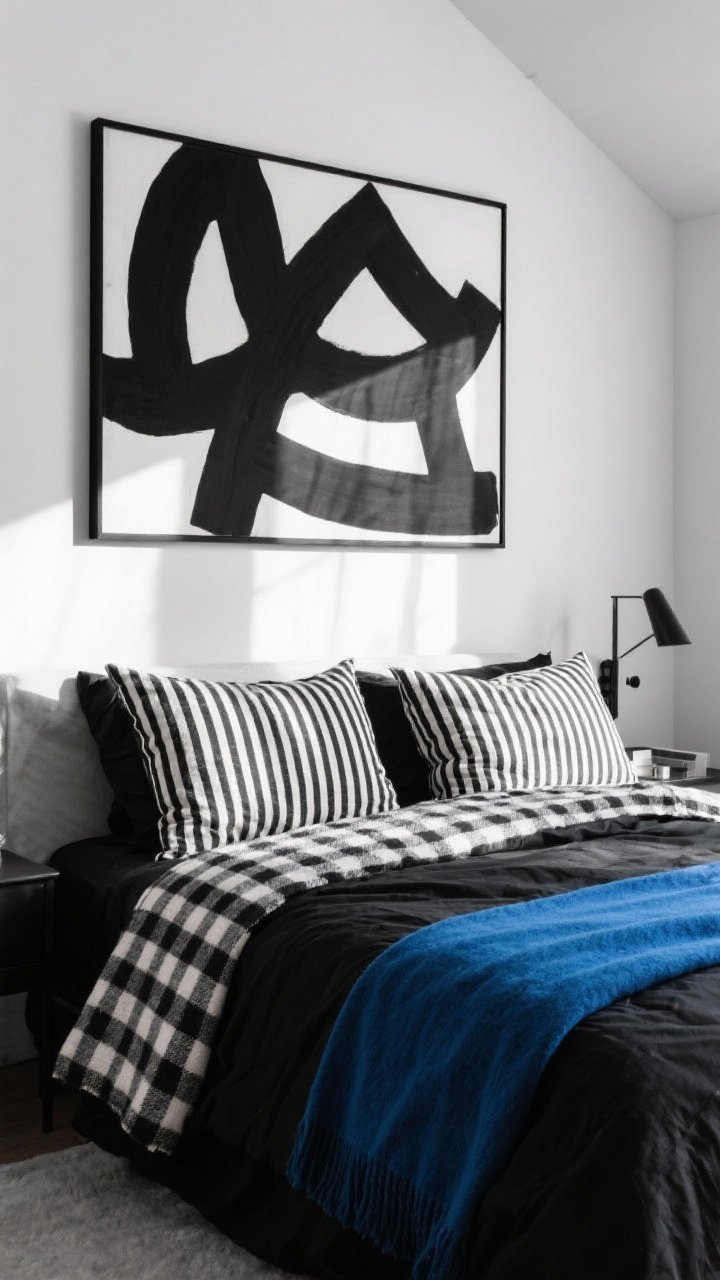 Medium shot of a graphic black-and-white bedroom with crisp contrast: oversized black-and-white abstract art above the bed, bedding mixing skinny pinstripes pillows, chunky checkered throw, and solid black duvet; optional pop of color via a single cobalt blue throw folded at the foot; sharp morning light casting defined shadows; angled corner perspective to show pattern layering.