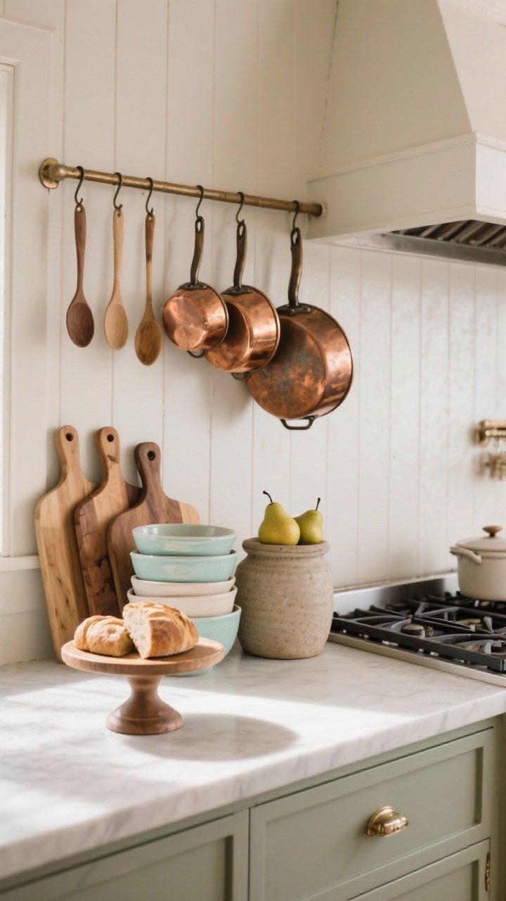 Medium shot of a hardworking stove wall: a simple rail with copper pans hanging, lightly polished with hints of patina; a weighty stoneware crock by the range corrals wooden spoons; an arrangement of leaning wooden cutting boards in varied sizes adds layered texture; a neat stack of pastel and stoneware mixing bowls on the counter; a cake stand topped with bread and pears adds height; warm, practical daylight with gentle shadows, photorealistic, no people.