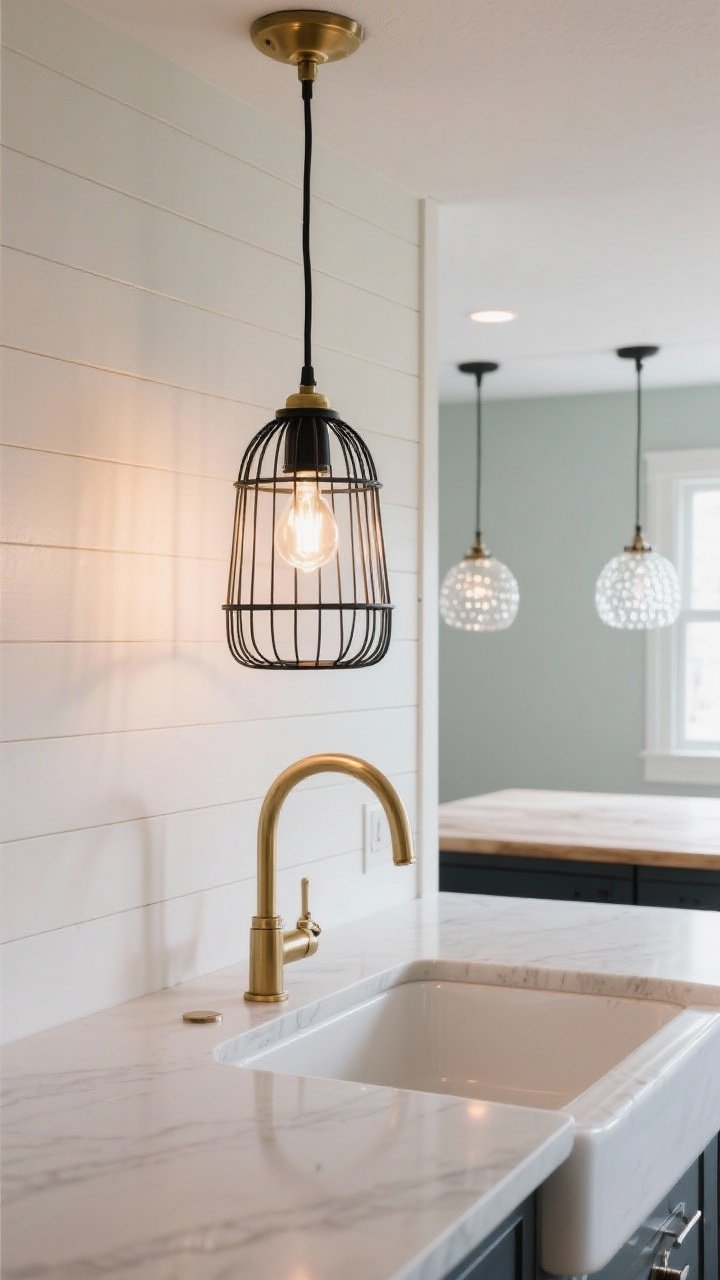 Medium shot of a kitchen corner featuring a slim-profile farmhouse caged pendant over the sink and seeded glass pendants over the island in the background; two-tone cage finish (black + brass) adds sophistication while remaining airy; shiplap wall and beadboard details visible; dimmable Edison-style LED bulb inside the cage for cozy warmth without glare.