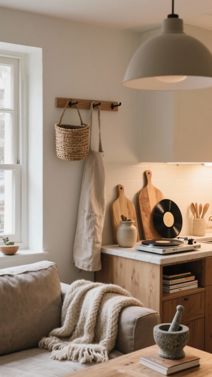 Medium shot of a kitchen-meets-living vignette that showcases slow-living routines: a linen apron hanging from a peg rail, a basket of wool throws by the sofa, wood cutting boards leaning on the counter with a ceramic utensil jar and a stone mortar and pestle; nearby, a small turntable with a vinyl and a neat book stack; warm practical lighting that invites daily use; photorealistic.
