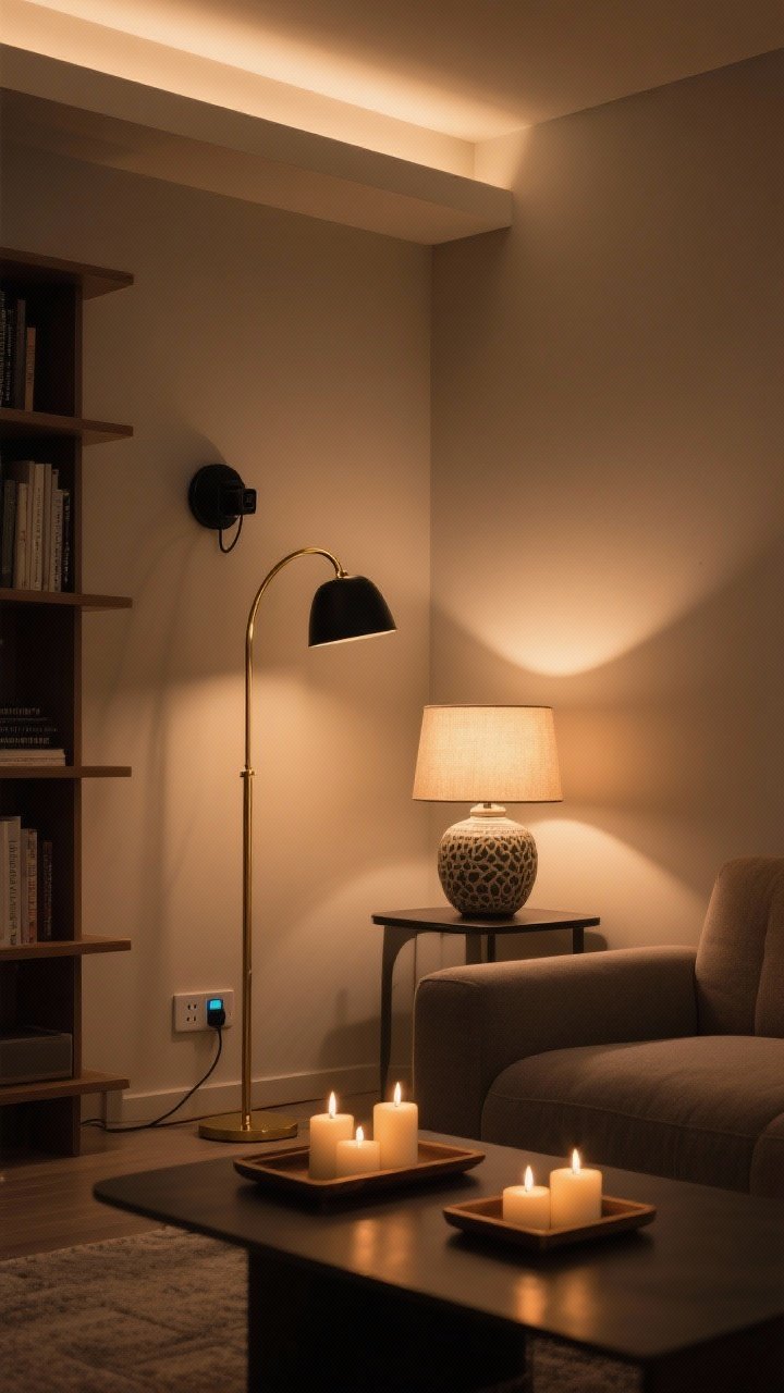 Medium shot of a living room corner illuminated only by layered warm lighting (2700K–3000K): a brass arc floor lamp behind a sofa, a matte black plug-in sconce above a bookshelf, and a ceramic table lamp on a side table creating pools of light; several LED candles on a tray for flicker; a discreet smart plug hub visible near the outlet; overhead light off; moody, cozy glow.