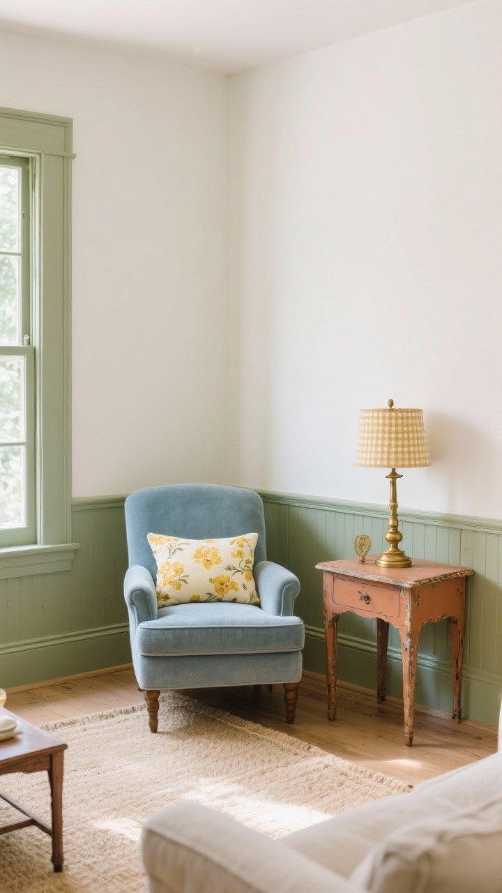 Medium shot of a living room corner showcasing a soft, nature-first palette: warm white matte walls, an oatmeal area rug, sage-painted trim, a dusty blue accent chair, buttercream yellow floral cushions, and a clay-toned painted thrift side table with a gingham lampshade; diffused daylight for a velvety glow, brass accents and vintage wood harmonizing in the scene.