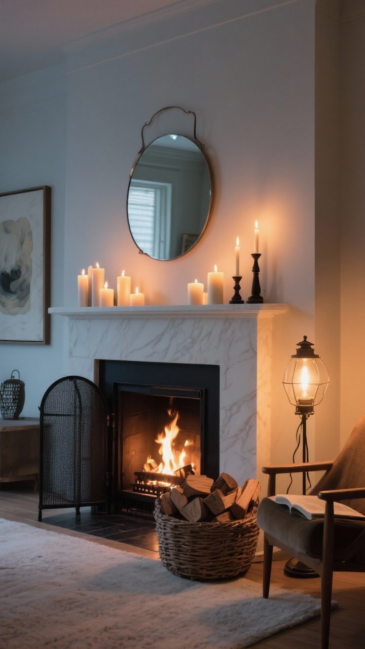 Medium shot of a mantel/fireplace moment at evening: flickering firelight (real or bioethanol) or a cluster of flameless candles creating glow; mantel styled with soft art, a mirror to bounce light, mixed candle heights; neatly stacked wood in a basket; matte black vintage-style fireplace screen; a floor lantern with warm bulb near a reading chair.