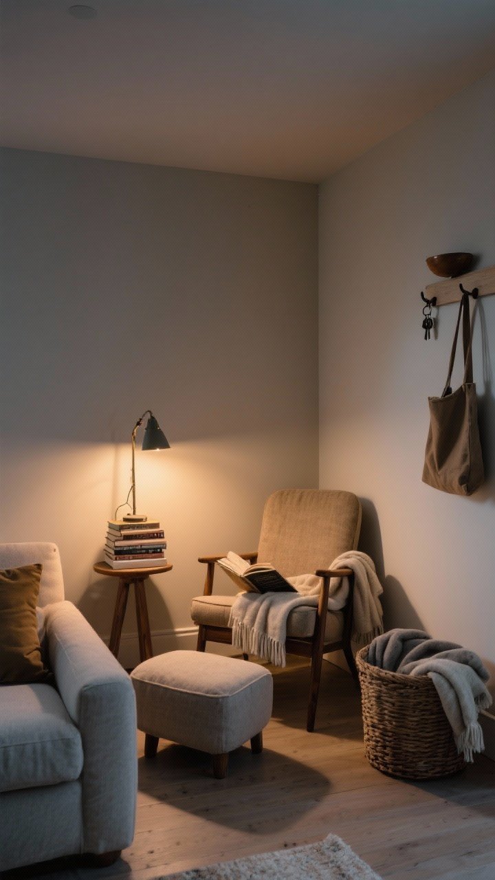 Medium shot of a mini ritual zone for reading: a cozy nook with a vintage reading chair, a footstool, a soft throw, a task lamp casting a warm pool of light, and a small side table with a stack of books; nearby, a basket of extra throws by the sofa; peg rail with a tote and a bowl for keys visible at the edge; neutral tones, intimate evening mood.