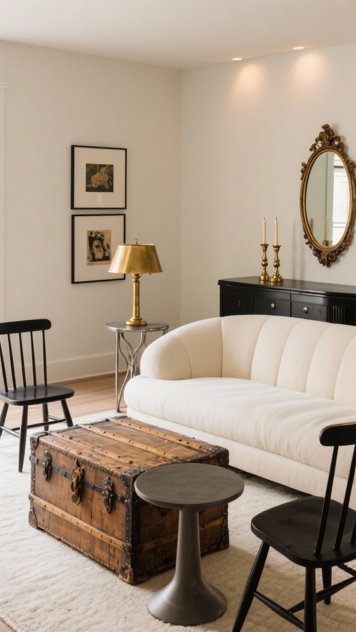 Medium shot of a modern-vintage pairing: a curvy contemporary cream sofa facing an antique wood trunk used as a coffee table, with a sleek pedestal side table and spindle-back chairs nearby. Include a vintage mirror on the wall, a credenza with framed art and brass candlesticks, and a mixed-metal moment—brass and black repeated at least twice (e.g., brass lamp + candlesticks, black picture frame + chair legs). Maintain light patina on wood, not over-restored. Warm, ambient lighting to emphasize character.
