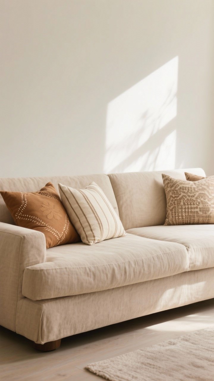 Medium shot of a neutral sofa setup: a low-profile, deep-seated beige linen-blend sofa in an earthy oat tone, styled with a mix of pillows—solid camel, hand-block prints, and subtle cream stripes in varied sizes and textures; soft afternoon natural light, calm and interchangeable feel.