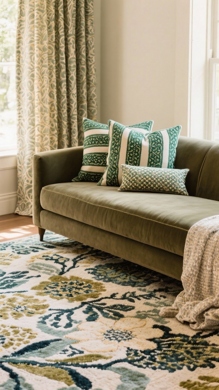 Medium shot of a pattern-mixed seating area captured from a corner angle: a large-scale abstract or floral rug as the hero, a solid-toned sofa to ground the mix, medium-scale pillows in stripes and ikat repeating an emerald hue from the rug, and a small-scale micro-pattern lumbar pillow; three-pattern limit visible, consistent color repeats for cohesion, drapery in soft print or solid; warm, natural light, photorealistic