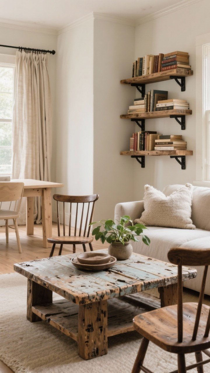 Medium shot of a seating area embracing old wood: a weathered farmhouse coffee table with patina and nicks, flanked by vintage spindle chairs around a modern light wood table in the background; reclaimed wood shelves with black brackets form a cozy corner stacked with books and a small leafy plant to soften the wood; linen curtains and wool pillows balance the scene; warm, diffused light; corner angle to show depth.