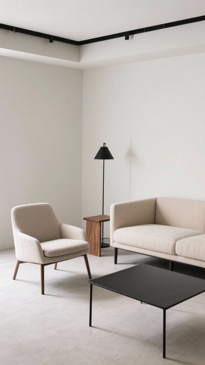Medium shot of a seating vignette emphasizing sleek silhouettes: a track-arm sofa with exposed slim legs in oatmeal fabric, one armless accent chair in linen, a slim matte black metal coffee table; low-profile pieces to suit a low ceiling; consistent matte black finishes on a minimal floor lamp and side table; wood, linen, and metal materials balanced; straight-on view, clean lines, intentional composition.