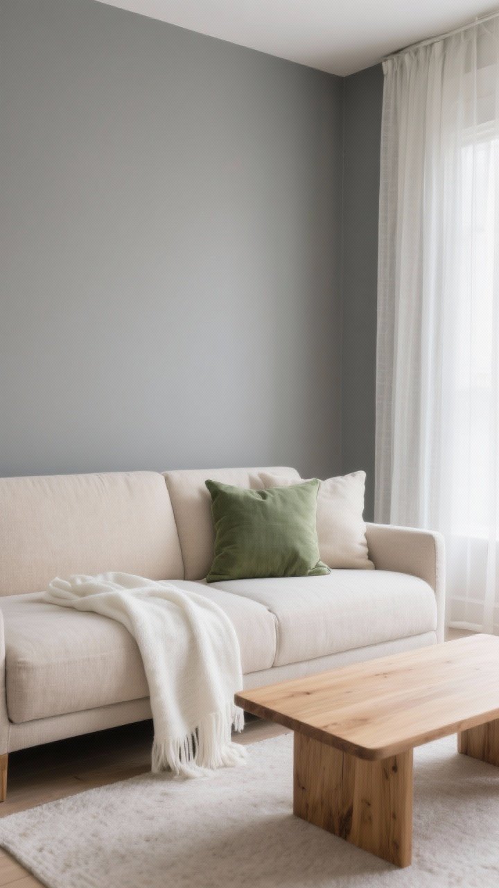 Medium shot of a serene living area focusing on a calm color story: foggy gray wall with a sage green accent pillow, oat beige sofa, creamy white throw, and a warm natural wood coffee table; one simple painted accent wall behind the sofa; textiles and decor all within a tight palette of gray, beige, cream, sage, and a light wood tone; soft daylight through sheer curtains for a grounded, soothing mood.