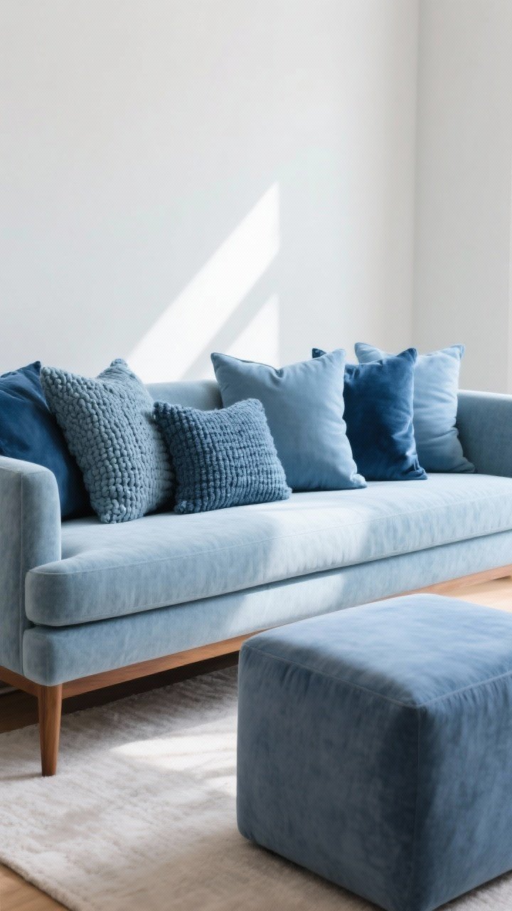 Medium shot of a serene seating area featuring a muted glacier blue chenille sofa with performance fabric and warm wood legs; layered glacier blue pillows in mixed sizes and textures (chunky knit, smooth velvet) plus a coordinating blue-gray ottoman; gentle afternoon light, calm ambiance; photorealistic, angled perspective highlighting the sofa as the anchor and the tactile pillow mix.