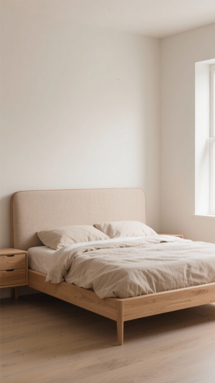 Medium shot of a simple bed as the main character: low-profile light oak frame with rounded corners and a soft linen-upholstered headboard, hidden storage drawers not visible, 18 inches of space on each side for airy scale; warm neutral bedding, gentle window light, clean lines, photorealistic.
