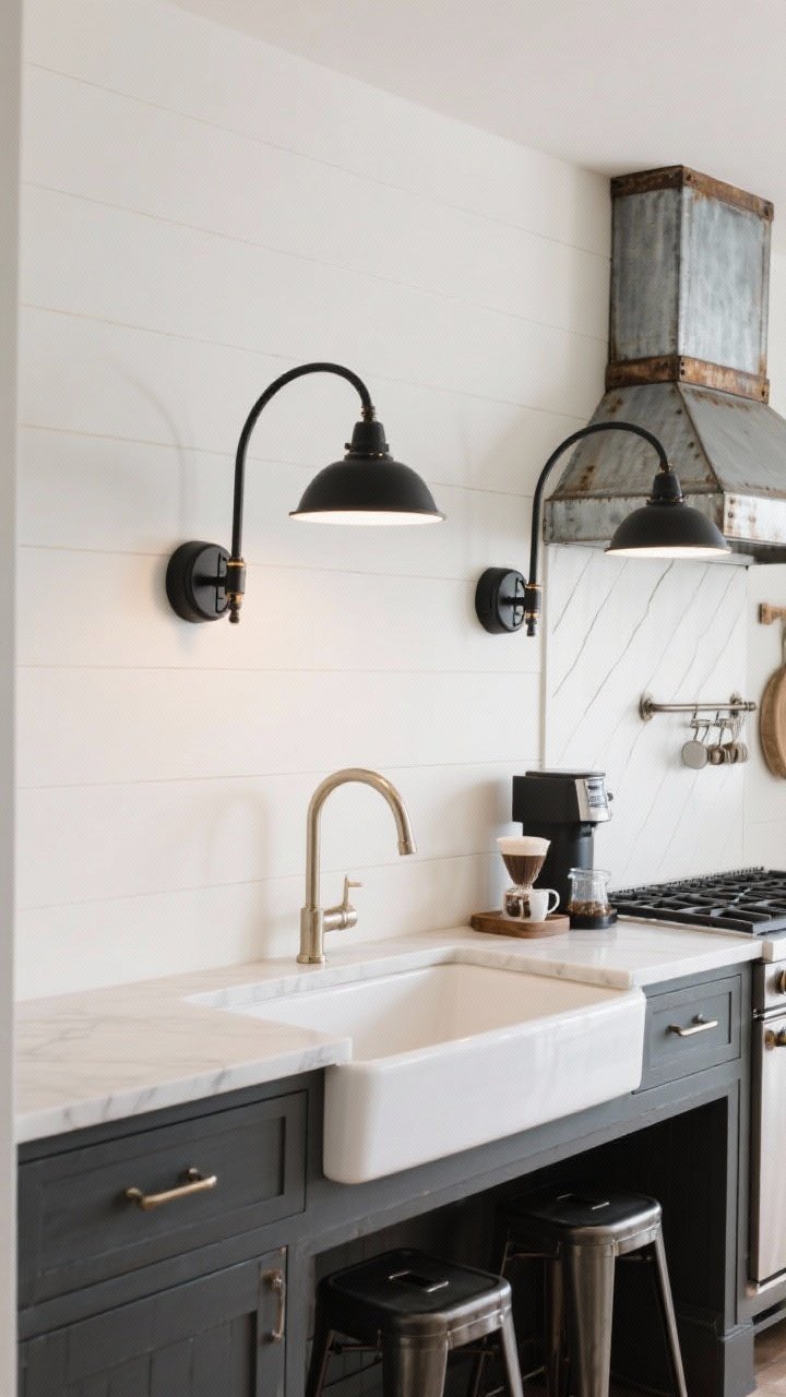 Medium shot of a sink wall flanked by two barn-style gooseneck sconces with streamlined arms and deep shades in matte black; subtle galvanized metal accents on a nearby range hood strap and matching counter stools for cohesion; clean lines, refined farmhouse feel; focused task light over the sink and a coffee station vignette.