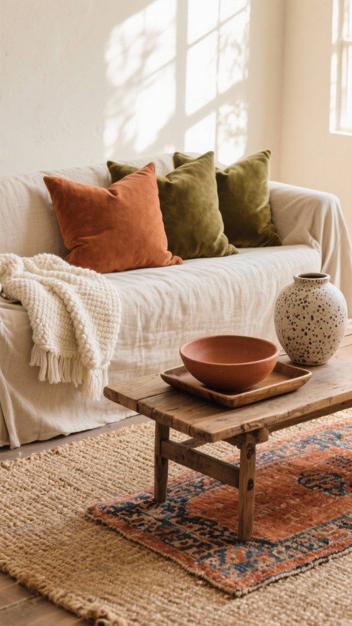 Medium shot of a sofa vignette showcasing layered natural textures: a relaxed oat-colored linen slipcovered sofa with clay and olive velvet pillows and a chunky cream wool throw; underfoot a large jute rug with a smaller vintage rug layered on top (faded terracotta and indigo pattern); on a rustic wood coffee table sit a terracotta bowl, a low wood tray, and a speckled stoneware vase adding height; palette kept tight to cinnamon, clay, olive, ochre, and cream; warm afternoon window light; three-quarter angle.